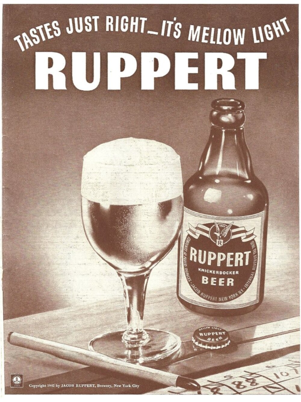 Print Ad Ruppert Knickerbocker Beer 1942 Vintage Barware Breweriana War Bonds NY